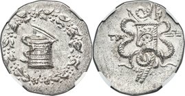 LYDIA. Tralles. Ca. 2nd-1st centuries BC. AR cistophorus (28mm, 12.66 gm, 12h). NGC MS 5/5 - 4/5. Ca. 166-160 BC. Serpent emerging from cista mystica;...