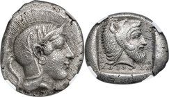 LYCIAN DYNASTS. Kherei (ca. 440-410/390 BC). AR stater (20mm, 8.37 gm, 9h). NGC AU 5/5 - 2/5, Fine Style. Telmessus mint. Head of Athena right, wearin...