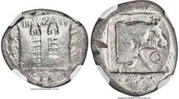 CILICIA. Tarsus (?). Ca. late 5th century BC. AR stater (21mm, 10.75 gm, 9h). NGC VF 4/5 - 3/5, test cut. Side-view of fortified city walls with three...