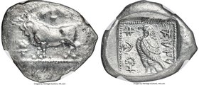 CYPRUS. Paphos. Stasandros (ca. 425-400 BC). AR stater (25mm, 10.93 gm, 6h). NGC Choice AU 4/5 - 4/5. Bull standing left on beaded line; winged solar ...