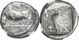 CYPRUS. Paphos. Stasandros (ca. 425-400 BC). AR stater (25mm, 10.99 gm, 2h). NGC Choice VF 3/5 - 4/5. Bull standing left on beaded double line; winged...