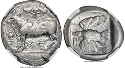 CYPRUS. Paphos. Onasioikos (ca. 425-400 BC). AR stater (20mm, 11.13 gm, 3h). NGC AU 4/5 - 3/5, test cuts. Bull standing left on solid line; winged sol...