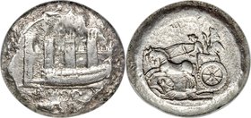 PHOENICIA. Sidon. Baalsillem I (ca. 425-407 BC). AR double shekel (28mm, 28.29 gm, 12h). NGC XF 4/5 - 4/5. War-galley left before city walls and tower...