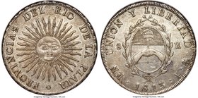 Rio de la Plata 8 Reales 1813 PTS-J AU50 NGC, Potosi mint, KM5. Lightly toned with substantial mint luster remaining, a significant strike-through evi...