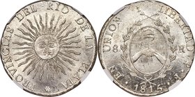Rio de la Plata 8 Reales 1815 PTS-F MS63+ NGC, Potosi mint, KM14. An exceptional piece with blast-white surfaces and a shimmering luster that spirals ...