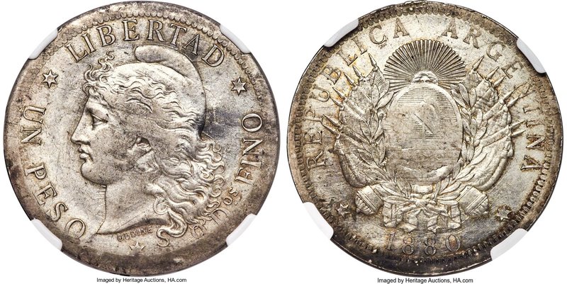Republic silver Unofficial Restrike Pattern Peso 1880 MS63 NGC, KM-Pn20, Janson-...
