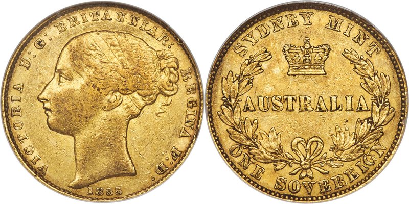 Victoria gold Sovereign 1855-SYDNEY VF35 NGC, Sydney mint, KM2. Underlying luste...