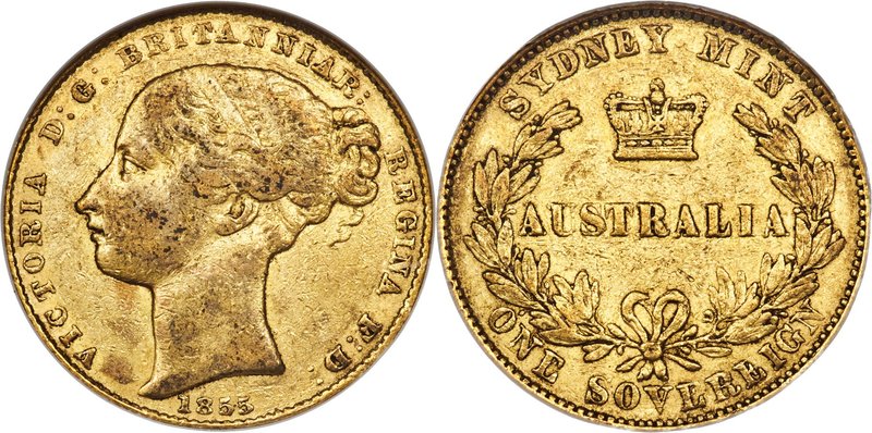 Victoria gold Sovereign 1855-SYDNEY VF30 NGC, Sydney mint, KM2. The first year o...