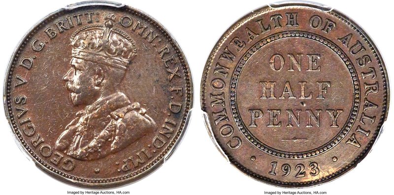 George V 1/2 Penny 1923-(m) XF45 PCGS, Melbourne mint, KM22. Exhibits a bold str...