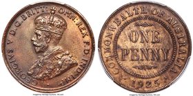 George V Penny 1925-(m) MS64 Brown PCGS, Melbourne mint, KM23. Conditionally speaking, the rarest date in the Australian Penny series, aside from the ...