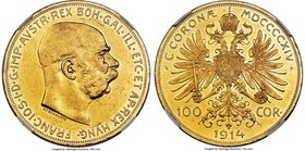 Franz Joseph I gold Prooflike 100 Corona 1914 PL55 NGC, KM2819. Lightly toned with scattered small surface abrasions and plenty of mirroring, a slight...