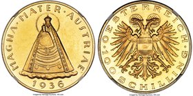 Republic gold Prooflike 100 Schilling 1936 PL63 NGC, Vienna mint, KM2857. Deeply mirrored surfaces with an attractive apricot-gold color. From the All...