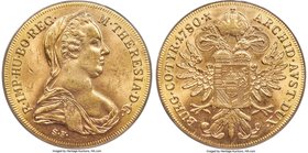 Maria Theresa gold Restrike 20 Ducat 1780-Dated (c. 1950s)-SF MS62 PCGS, London mint, KM-T2. Plain edge. Shimmering luster with an attractive peach hu...