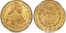 Charles IV gold 8 Escudos 1801 PTS-PP AU55 NGC, Potosi mint, KM81. Exhibits shimmering luster and honey gold surfaces with a minor planchet flaw noted...