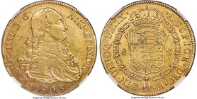 Charles IV gold 8 Escudos 1803 PTS-PJ AU55 NGC, Potosi mint, KM81. A notable example with strong original golden luster and very minimal evidence of h...
