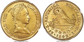 Republic gold 8 Scudos 1842 PTS-LR MS61 NGC, Potosi mint, KM108.2. Tied for second highest certified by either NGC or PCGS, this outstanding Mint Stat...