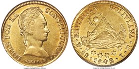 Republic gold 8 Scudos 1842 PTS-LR AU55 NGC, Potosi mint, KM108.2. A fine example with minimal wear for the grade and a hint of rose toning.

HID098...