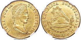 Republic gold 8 Scudos 1853 PTS-FP AU58 NGC, Potosi mint, KM116. An exceptional example with well-struck details and full mint brilliance, and none of...