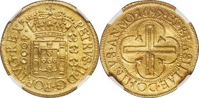 Pedro II gold 4000 Reis 1697-(B) AU Details (Bent) NGC, Bahia mint, KM89, LMB-24. A less-circulated specimen of this earlier type showing a modest ben...
