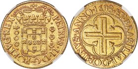 Pedro II gold 4000 Reis 1698/7-(B) XF45 NGC, Bahia mint, KM89, LMB-26. Evenly worn and still quite detailed due to an admirable strike, the planchet t...