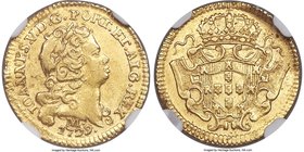 João V gold 800 Reis 1729/7 AU Details (Bent) NGC, Minas Gerais mint, cf. KM120 (unlisted overdate), LMB-258var (same). Exhibiting somewhat of a matte...