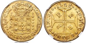 João V gold 2000 Reis 1725-R XF Details (Cleaned) NGC, Rio de Janeiro mint, KM112, LMB-157, Gomes-95.02. Sharp features and superior for this scarce t...