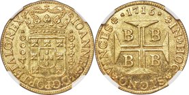 João V gold 4000 Reis 1716-B MS63 NGC, Bahia mint, KM106, Fr-30, LMB-66. Brilliant and sharp, this type could truly not come much better, an observati...