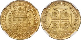 João V gold 4000 Reis 1717-B MS61 NGC, Bahia mint, KM106, Fr-30, LMB-63. An alluring mint brilliance catches the eye in this sparkling, uncirculated e...