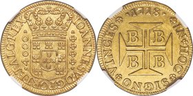 João V gold 4000 Reis 1718-B AU55 NGC, Bahia mint, KM106, LMB-64. This satiny example offers strong definition coupled with a pervasive shimmer in the...