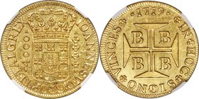 João V gold 4000 Reis 1719-B MS61 NGC, Bahia mint, KM106, Fr-30, LMB-65. Lemon-gold with shimmering fields and sharp design elements. From the Santa C...