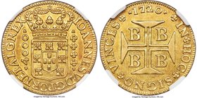 João V gold 4000 Reis 1720-B AU58 NGC, Bahia mint, KM106. Lustrous and choice, with light mirroring in the protected areas of the designs, especially ...