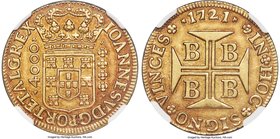 João V gold 4000 Reis 1721-B AU58 NGC, Bahia mint, KM106. A lovely example of this issue displaying substantial dark saffron toning outlining the devi...