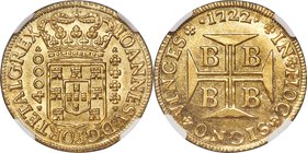 João V gold 4000 Reis 1722-B MS63 NGC, Bahia mint, KM106, LMB-68. Luxuriously brilliant, this choice selection offers bountiful eye appeal across ever...