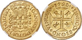 João V gold 4000 Reis 1723-R MS63 NGC, Rio de Janeiro mint, KM102, LMB-175. A luxurious specimen displaying roundedness to the devices, joined by a sa...