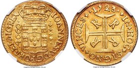 João V gold 4000 Reis 1723-R AU58 NGC, Rio de Janeiro mint, KM102. A wonderfully toned example with deep tinges of rose throughout the protected areas...