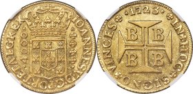 João V gold 4000 Reis 1723-B AU58 NGC, Bahia mint, KM106, LMB-69. A specimen on the absolute cusp of uncirculated condition, revealing significant min...