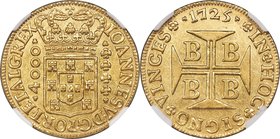 João V gold 4000 Reis 1725-B AU58 NGC, Bahia mint, KM106, Fr-30, Gomes-103.12. Brassy gold color is exhibited across the entirety of the planchet, wit...