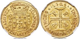 João V gold 4000 Reis 1725-R AU58 NGC, Rio de Janeiro mint, KM102. A well-struck example with bold devices and mild luster emanating from the fields. ...