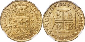 João V gold 4000 Reis 1726-B AU58 NGC, Bahia mint, KM106, LMB-72. Precisely struck, with an as-minted texturing in the fields that leaves the recessed...