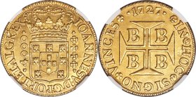 João V gold 4000 Reis 1727-B AU58 NGC, Bahia mint, KM106, Fr-30, LMB-73. Copper-gold with a sound strike yielding ample detail, any handling close to ...