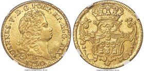 João V gold 6400 Reis 1750-B AU58 NGC, Bahia mint, KM151. The coin exhibits very light circulation wear on the high points, a strong, well-defined str...