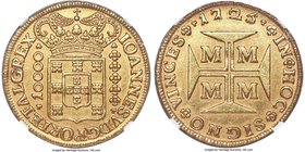 João V gold 10000 Reis 1725-M AU58 NGC, Minas Gerais mint, KM116, Fr-34, LMB-245. This selection truly has everything working in its favor, including ...