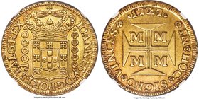 João V gold 10000 Reis 1727-M AU58 NGC, Minas Gerais mint, KM116. A lightly toned example with vibrant luster and a hint of mirroring in the periphera...