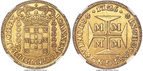 João V gold 20000 Reis 1726-M MS62 NGC, Minas Gerais mint, KM117. A lovely piece with a satisfying heft when held, an impressive strike, strong underl...