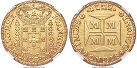 João V gold 20000 Reis 1727-M MS61 NGC, Minas Gerais mint, KM117, LMB-251. An exceedingly scarce issue in Mint State, and an incredibly handsome piece...