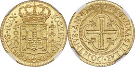 Jose I gold "Josephus" 4000 Reis 1751-(L) MS62 NGC, Lisbon mint, KM171.2, LMB-310. Displaying well-balanced eye appeal with sunny golden luster abound...