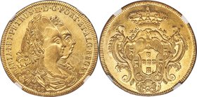 Maria I & Pedro III gold 6400 Reis 1780-B MS62 NGC, Bahia mint, KM199.1, LMB-485. This near-choice representative offers a distinctive golden luminesc...