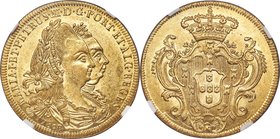 Maria I & Pedro III gold 6400 Reis 1780-B MS61 NGC, Bahia mint, KM199.1, LMB-485. Fully Mint State, and benefitting from a well-centered strike that l...