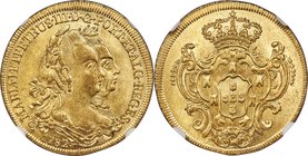 Maria I & Pedro III gold 6400 Reis 1782-R MS62+ NGC, Rio de Janeiro mint, KM199.2, LMB-464. Brilliant yellow-gold with only a single thin graze across...