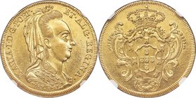 Maria I gold 6400 Reis 1787-R AU55 NGC, KM218.1. Veiled bust type. Lightly toned with virtually no wear to speak of. From the Santa Cruz Collection
...